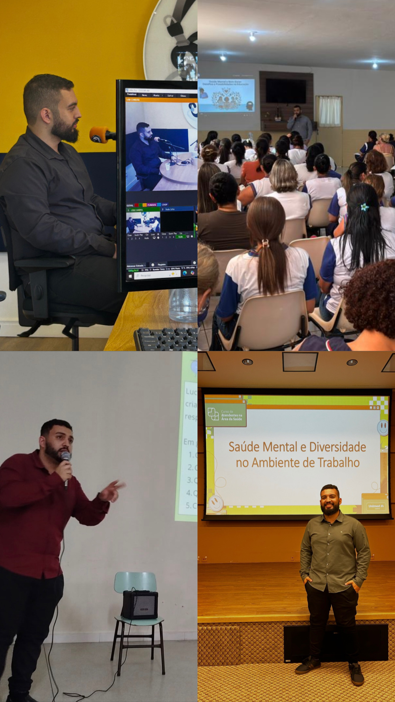 Mosaico com quatro momentos de Lucas Montanini em palestras e entrevistas